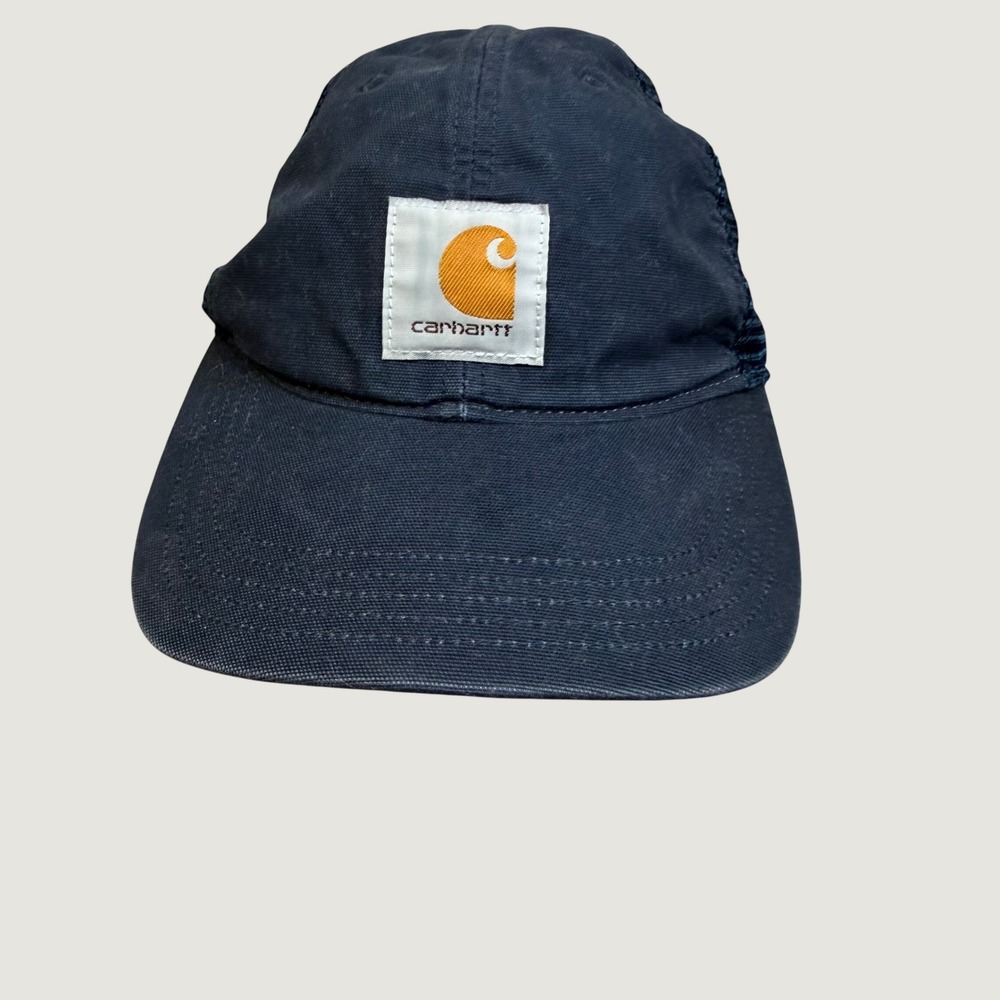 Carhartt Mens Navy Blue Canvas Mesh Back Trucker Hat Snapback Logo Cap
